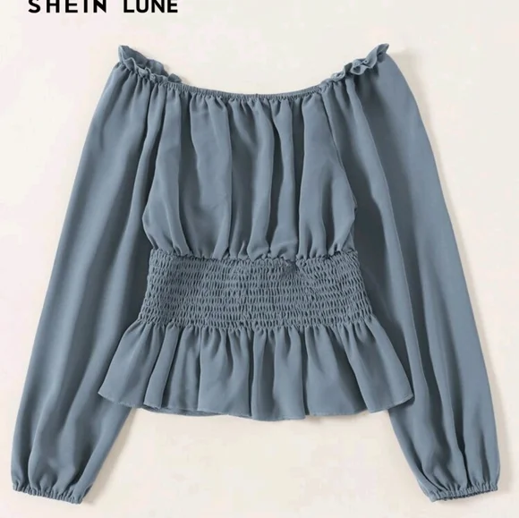 SHEIN LUNE Dusty Blue Shirred Waisted Frill Trim Peplum Blouse size XS - Picture 1 of 5